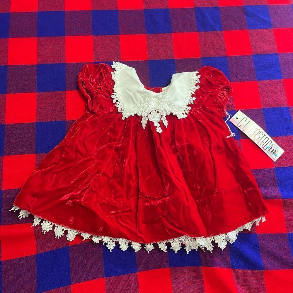 NWT C.I. Castro Vintage Red White Velvet Lace Collar Girls Dress Size 12 Months